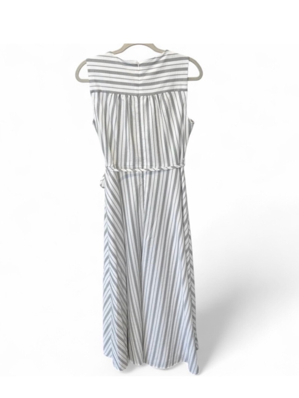 Calvin Klein Striped Faux-Wrap Maxi Dress in White and Light Gray - Picture 8 of 9